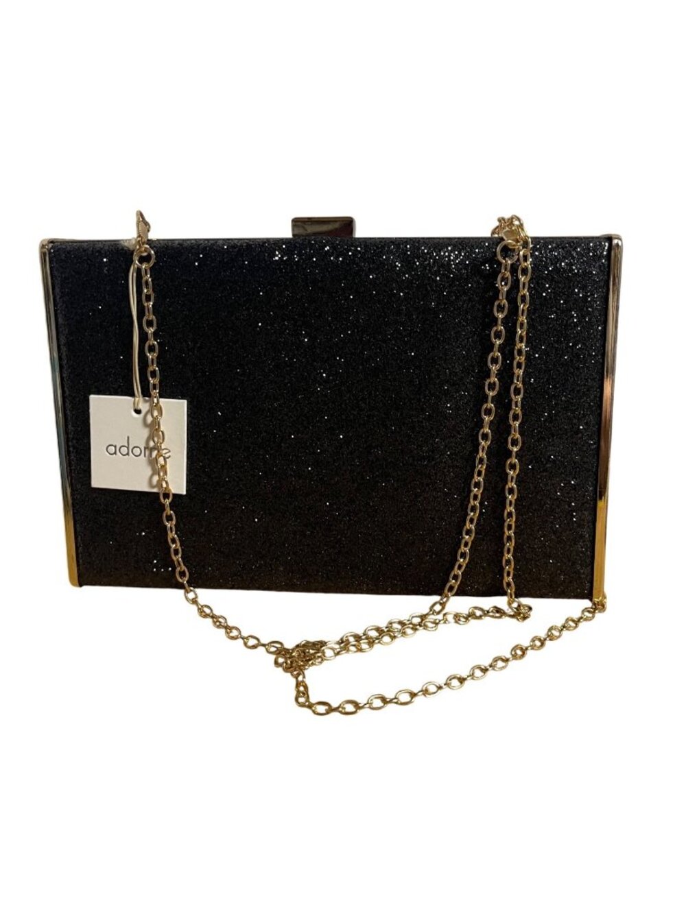 Adorne Clutch Crossbody Bag Black Glitter  With Gold Chain Strap & Snap Closure